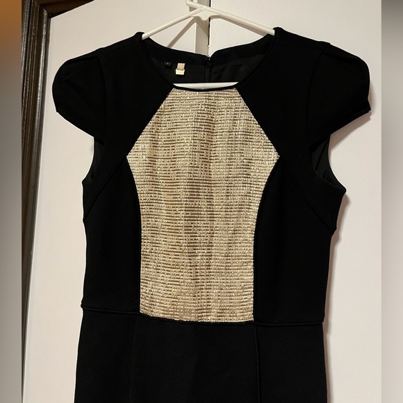 Anthropologie x 4C Black Gold Shift Dress Cap Sleeves Metallic Bodice Tailored - Picture 3 of 8